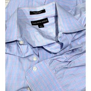 Saks Fifth Avenue Dress Button Shirt Mens‎ Large 16 Plaid Pink Blue Long Sleeve